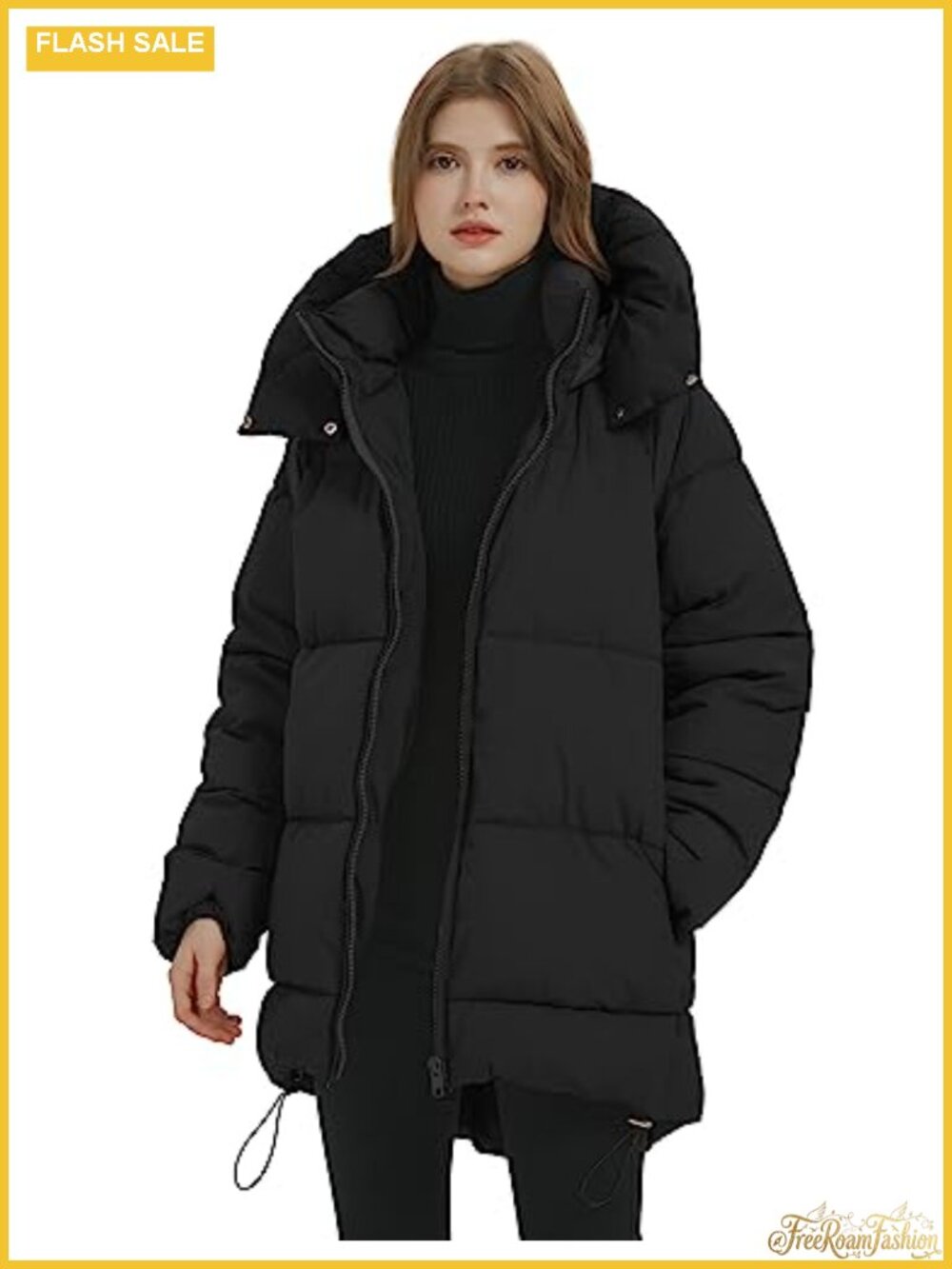 Women's Mid-Length Puffer Hooded Jacket Winter Padded Warm Coat Loose Fit